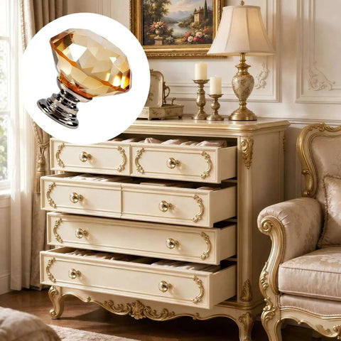 Upgrade Your Cabinets With These Slick Yellow Crystal Drawer Knobs Featuring Diamond Cut Design Solid Aluminum Base And Includes Mounting Hardware For Fast Easy Installation To Totally Elevate Your Entire Decor Game on a stylish dresser.
