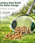 Straight Up Easy Roll Pine Cone Picker Upper With Telescoping Handle And Wide Steel Basket For Yard Cleanup showing stainless steel wire roller design with nuts on grass.