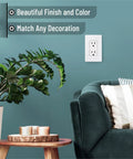 Living room with Screwless Decorator Wall Plates 6 Pack, 1 Gang, White Switch Plate Covers on a green wall.