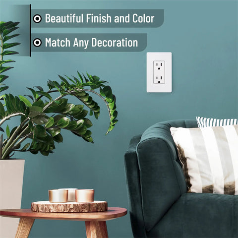Living room with Screwless Decorator Wall Plates 6 Pack, 1 Gang, White Switch Plate Covers on a green wall.
