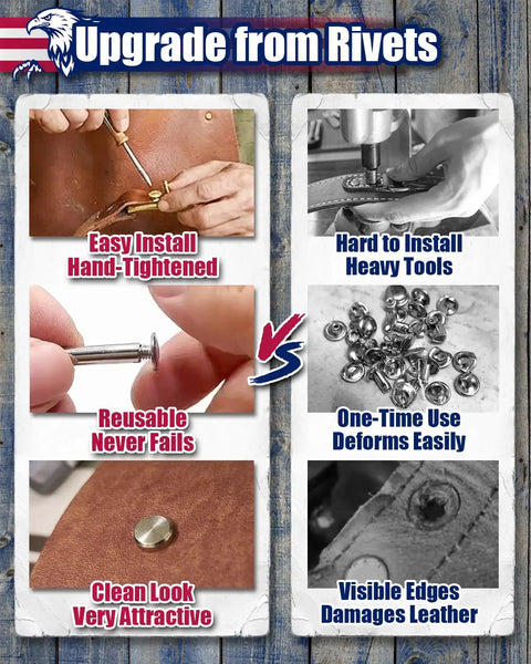 Comparison of Badass Gold Chicago Screws For Leather Projects with traditional rivets for easy installation and durability.