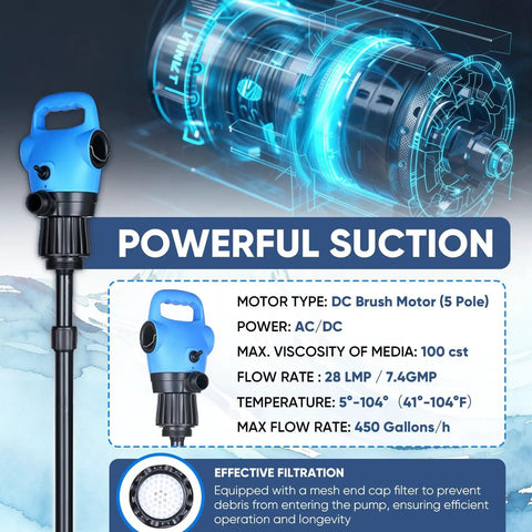 Heavy Duty Badass Electric Drum Pump For 55 Gallon Barrels, nozzle detail showing powerful suction features and specifications.