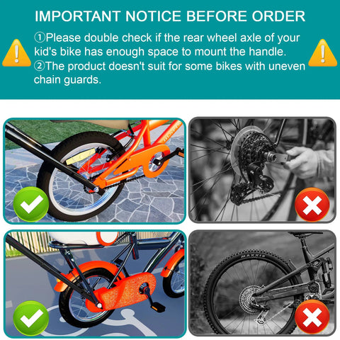 Image showing instructions for Kids Bike Trainer Handle For Learning To Ride, illustrating proper and improper bike setups.