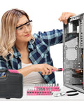 Woman using Pink 39 Piece Hand Tool Set For Women With Plastic Storage Box All Purpose Household Tool Kit For Home Garage Office Dorm Beginner Friendly Easy Grip Tools For Quick Fixes.