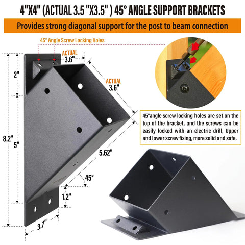 8 Pack 3.5 By 3.5 Inch Stainless Steel 45 Degree Pergola Gazebo Deck Brackets Set Heavy Duty Support For Wood Frame Structures Weatherproof Black Powder Coat