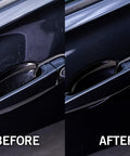 Before and after using Go-To Car Wipes For Paint Scratches Water Spots Headlight Oxidation Glass And Metal, showing door handle restoration.