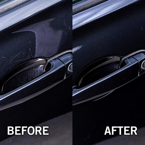 Before and after using Go-To Car Wipes For Paint Scratches Water Spots Headlight Oxidation Glass And Metal, showing door handle restoration.
