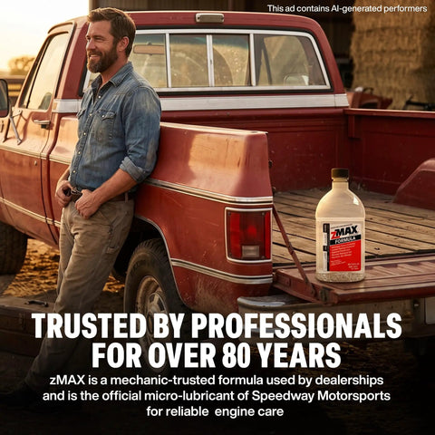 Keep Your Whip Running Slick With This Multifunctional Engine And Fuel Treatment That Dissolves Carbon Buildup Boosts Gas Diesel Power Lubricates Metal Parts For Transmission And Power Steering In A 32 Oz Bottle on a red truck with a man in denim.