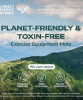 Advertisement for planet-friendly and toxin-free exercise equipment mats with recycled materials.