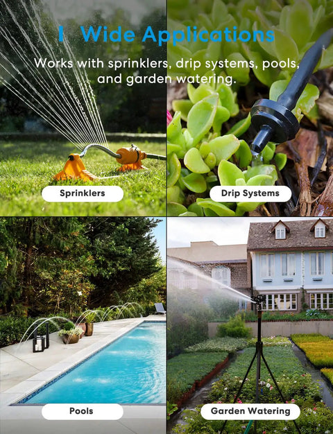 Smart WiFi Hose Timer for garden irrigation with brass inlet and outlet, works with HomeKit, Alexa, Google Assistant, in use