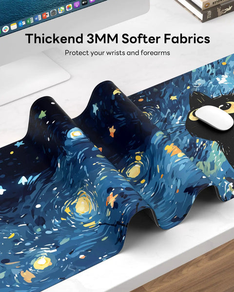 Starry Night Cat Mouse Pad 31.5 By 11.8 Large Desk Mat With Stitched Edges Non Slip Rubber Base And Reinforced Stitching for Office