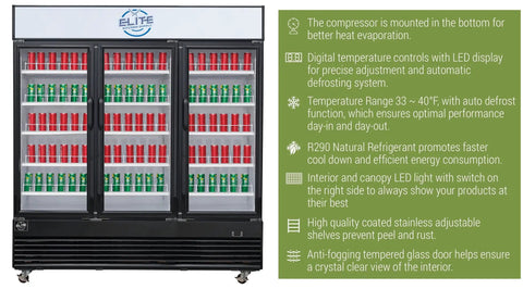Heavy Duty Commercial Display Refrigerator Three Section Hinged Glass Door Upright Fridge Cooler with drinks, 46 Cubic Foot capacity.