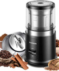 One Touch Coffee And Spice Grinder With Removable Stainless Steel Cup For Coffee Beans Spices And Seeds Quiet Electric Dry Grinder Easy One Hand Operation Low Noise About 60 dB Black, showing grinder with spices.
