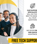 Customer support team offering free tech support with smiling representatives wearing headsets.