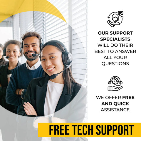 Customer support team offering free tech support with smiling representatives wearing headsets.