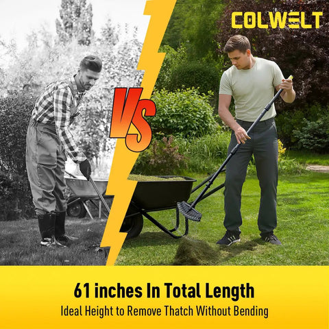 Comparison of a 61-Inch Dethatcher Rake For Lawns With Thin Curved Spring Steel Tines showing improved posture during use