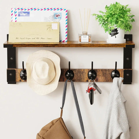 Wall Mount Coat Rack With Shelf And Hooks, No-Fuss Space Saving Entryway Organizer For Coats Hats Bags Keys And More, Floating Hall Shelf