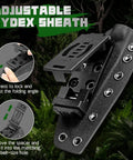 Beast Fixed Blade Outdoor Knife with D2 Steel Blade and Toothed Spine kydex sheath, adjustable for belt fitting.