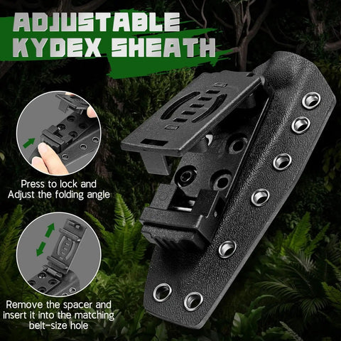 Beast Fixed Blade Outdoor Knife with D2 Steel Blade and Toothed Spine kydex sheath, adjustable for belt fitting.