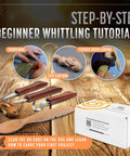 Starter Wood Carving Kit With 3 Piece Whittling Knife Set Spoon Carving Knife Basswood Blocks Ergonomic Walnut Handles Plus Easy Learning Videos For Kids And Adults displayed on wooden surface with tutorial images