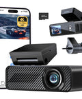 P1 Duo 4K Dash Cam Front And Rear With 64GB Card Included, Dual 4K Front And 1080P Rear Video, Wi Fi App Control setup with phone display.