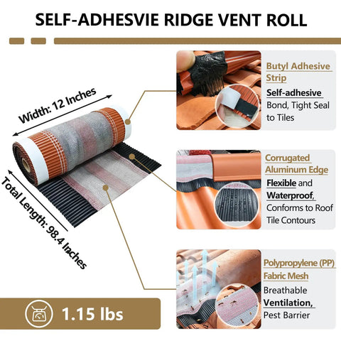 Heavy Duty Self Adhesive Ridge Vent Mesh Roll 12 X 98.4 Inches, showing butyl adhesive and aluminum edge for ventilation.