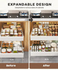 Before and after comparison of Four Pack White Pull Out Cabinet Organizers 21 Inch Deep Roll Out Shelves in kitchen cabinet.