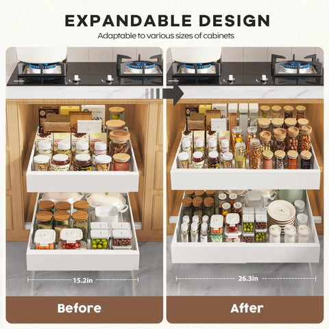 Before and after comparison of Four Pack White Pull Out Cabinet Organizers 21 Inch Deep Roll Out Shelves in kitchen cabinet.