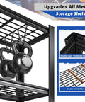 72 Inch Beefy Heavy Duty Garage Shelving Unit With Adjustable Metal Shelves For Basement Storage, Ultra Strong Steel Frame, Reinforced Uprights, Easy Assembly, Crazy High Load Capacity For Tools And Gear. Black steel shelving with kettlebells