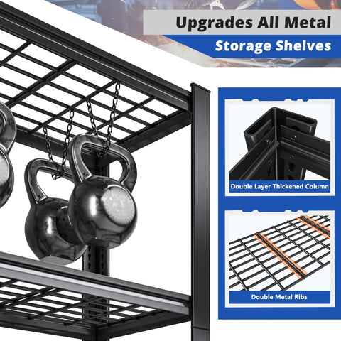 72 Inch Beefy Heavy Duty Garage Shelving Unit With Adjustable Metal Shelves For Basement Storage, Ultra Strong Steel Frame, Reinforced Uprights, Easy Assembly, Crazy High Load Capacity For Tools And Gear. Black steel shelving with kettlebells