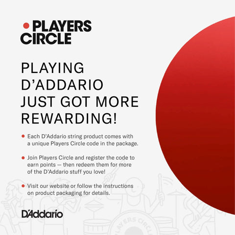 Players Circle promo graphic for D'Addario strings with code-in-package offer and website instructions