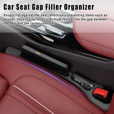 Universal Car Seat Gap Filler Organizer 2 Pack Black Prevents Small Items From Falling Between Seats, shown installed in car.