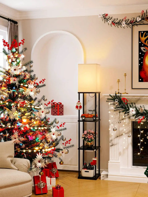 Floor Lamp With Shelves 4 Tier Storage Modern Shelf Floor Lamp With LED Bulb Three Color Temperature Display For Living Room Bedroom And Office Black Built In Display Shelves For Photos Books And Plants That Fits Your Space next to a decorated Christmas tree in a cozy living room.