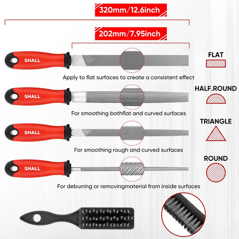 Image of four large files and a brush from Pro Grade Heavy Duty 17 Piece Metal File Set With T12 Drop Forged Alloy Steel
