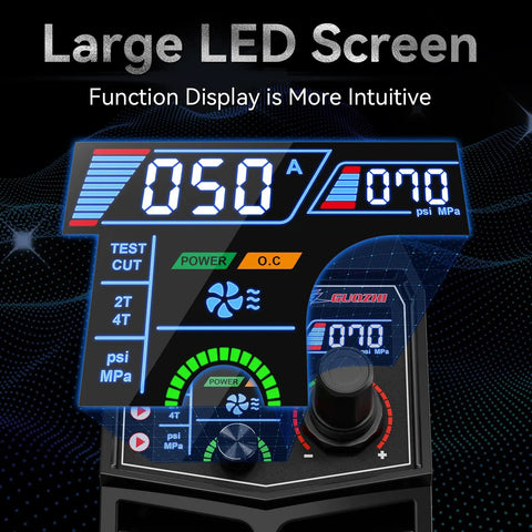 Close-up of Dual Voltage Plasma Cutter 110 And 220 Volt, 50 Amp Inverter With Pilot Arc, Large LED Display showing settings