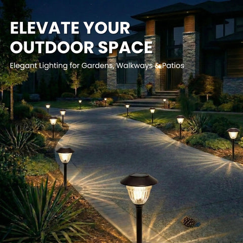 Ultra Bright 10 Pack IP65 Waterproof Solar Path Lights Outdoor Bronze Finish With Patterned Glass and Stainless Steel Stakes lighting a driveway
