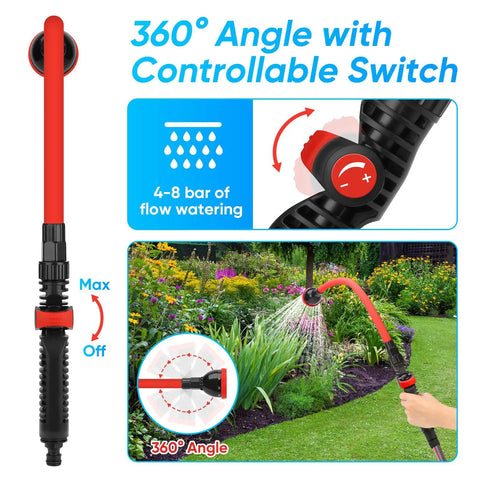 2 In 1 Bendable Watering Wand For Garden And Car Cleaning, Heavy Duty Sprayer with 360° switch and garden use shown