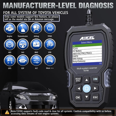 TD700 OBD2 Scanner For Toyota Vehicles, All System Diagnostic Tool next to diagnostic options on screen