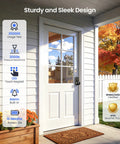 Zero Drama Fingerprint Keypad Smart Door Knob With Snappy Bluetooth Link and Solid Matte Black Housing for Pure Easy Keyless Entry Outside Your Front Door Every Single Day displayed on a white door with autumn foliage and flowers.