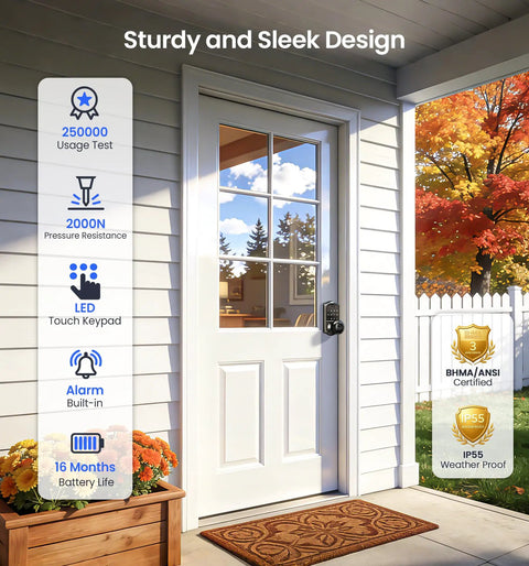 Zero Drama Fingerprint Keypad Smart Door Knob With Snappy Bluetooth Link and Solid Matte Black Housing for Pure Easy Keyless Entry Outside Your Front Door Every Single Day displayed on a white door with autumn foliage and flowers.