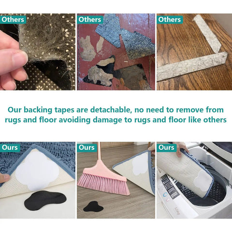 Comparison of non slip rug grippers for area rugs showing other products versus our washable rug tape with hook and loop pads in use.