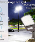 Hella Bright 200W Outdoor LED Parking Lot Light With Slip Fitter illuminating a parking area at night, showcasing its 5000K daylight light.