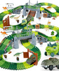 Awesome Dinosaur Race Track Playset With 140 Tracks, Dinosaurs, Cars, Bridges, Ramps, Trees And Traffic Lights for Kids
