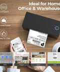 Wireless Bluetooth Thermal Label Printer Covers 4X6 Shipping Labels On The Fly showing printing process with smartphone and label.
