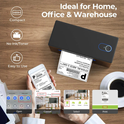 Wireless Bluetooth Thermal Label Printer Covers 4X6 Shipping Labels On The Fly showing printing process with smartphone and label.