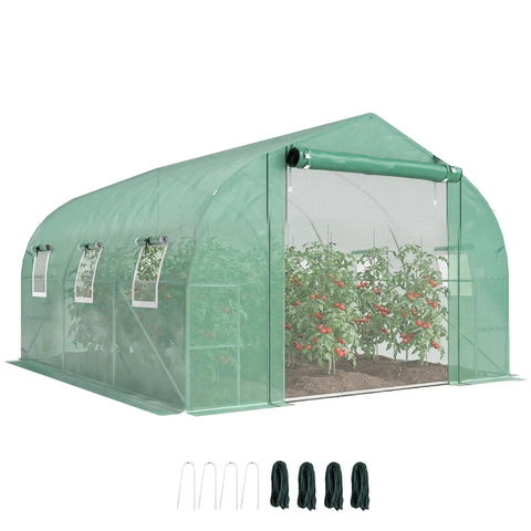 Walk In Tunnel Greenhouse With Shelves And Mesh Door for easy plant care, shown outdoors with PE cover and open windows.