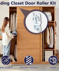 Eight Piece Sliding Closet Door Roller Kit For Top Hung Bypass Tracks Featuring Glides Like Butter Smooth Quiet Wheel Hardware Fits Like A Champ showing anti-scratch feature in use.