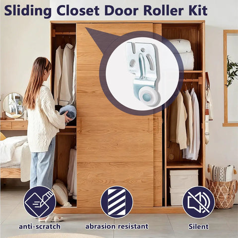 Eight Piece Sliding Closet Door Roller Kit For Top Hung Bypass Tracks Featuring Glides Like Butter Smooth Quiet Wheel Hardware Fits Like A Champ showing anti-scratch feature in use.