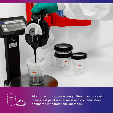 Gloved hand pouring paint into PPS Paint Spray Gun Cup Lids And Liners Kit for large 28 oz cups with 125 micron filter.