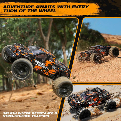 One Eighteen Scale RC Monster Truck 18859 Four By Four Off Road Waterproof Electric Car jumping on dirt trail